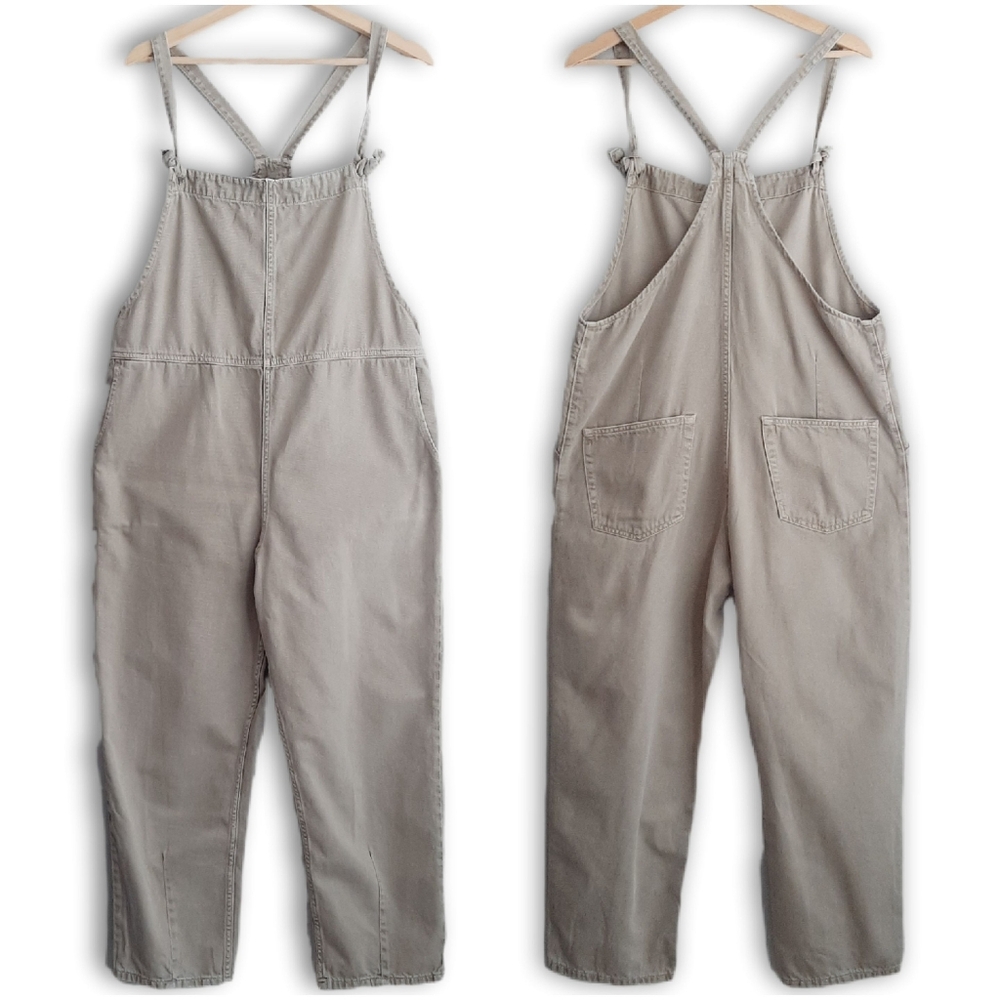 MANGO Utility Denim Overalls Wide Leg Crop Taupe Gray Cream Jeans Fabric Sz M